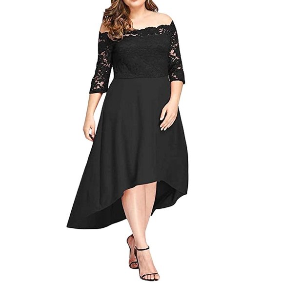 Women Off Shoulder High Low Hem 3/4 Sleeve Lace Detail Boho Flowy Long Dress XL - Picture 4 of 7